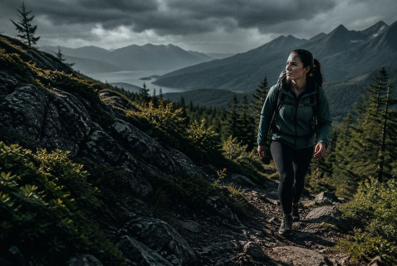 A woman walking through a mountain landscape